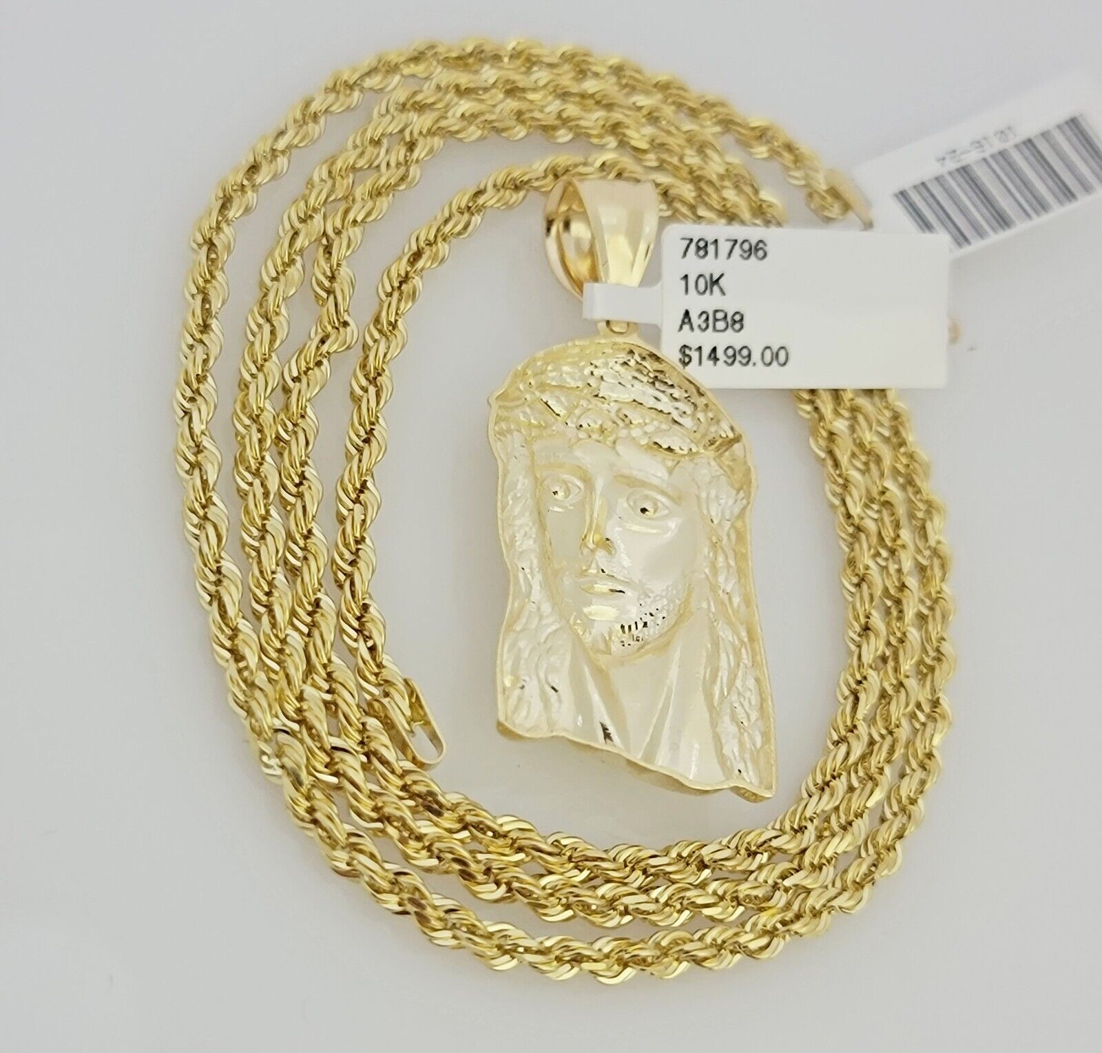 Real 10k Gold Rope Chain Jesus Face Charm Pendant Set 3mm Necklace 24 Inch SOLID